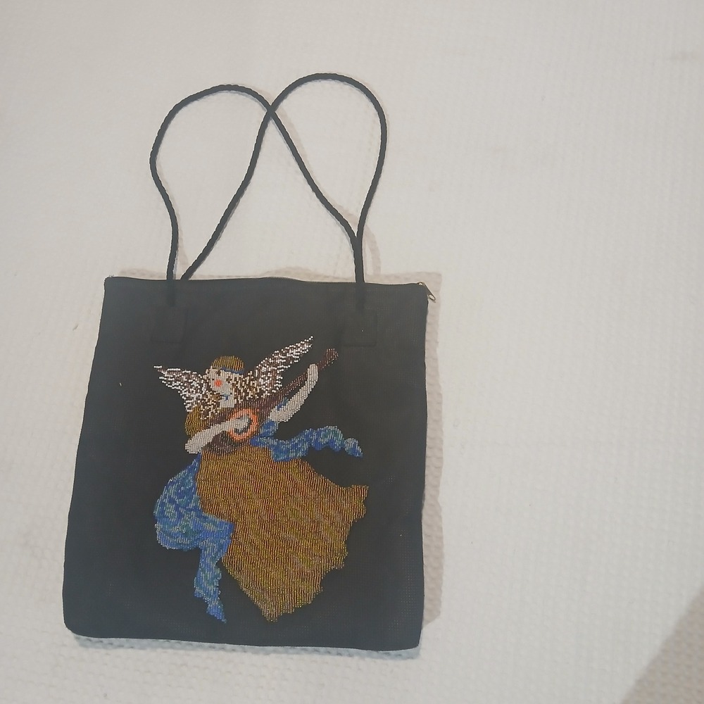 Vintage Beaded Angel Tote Bag Black Canvas Shoulder Bag Folk Art Celestial